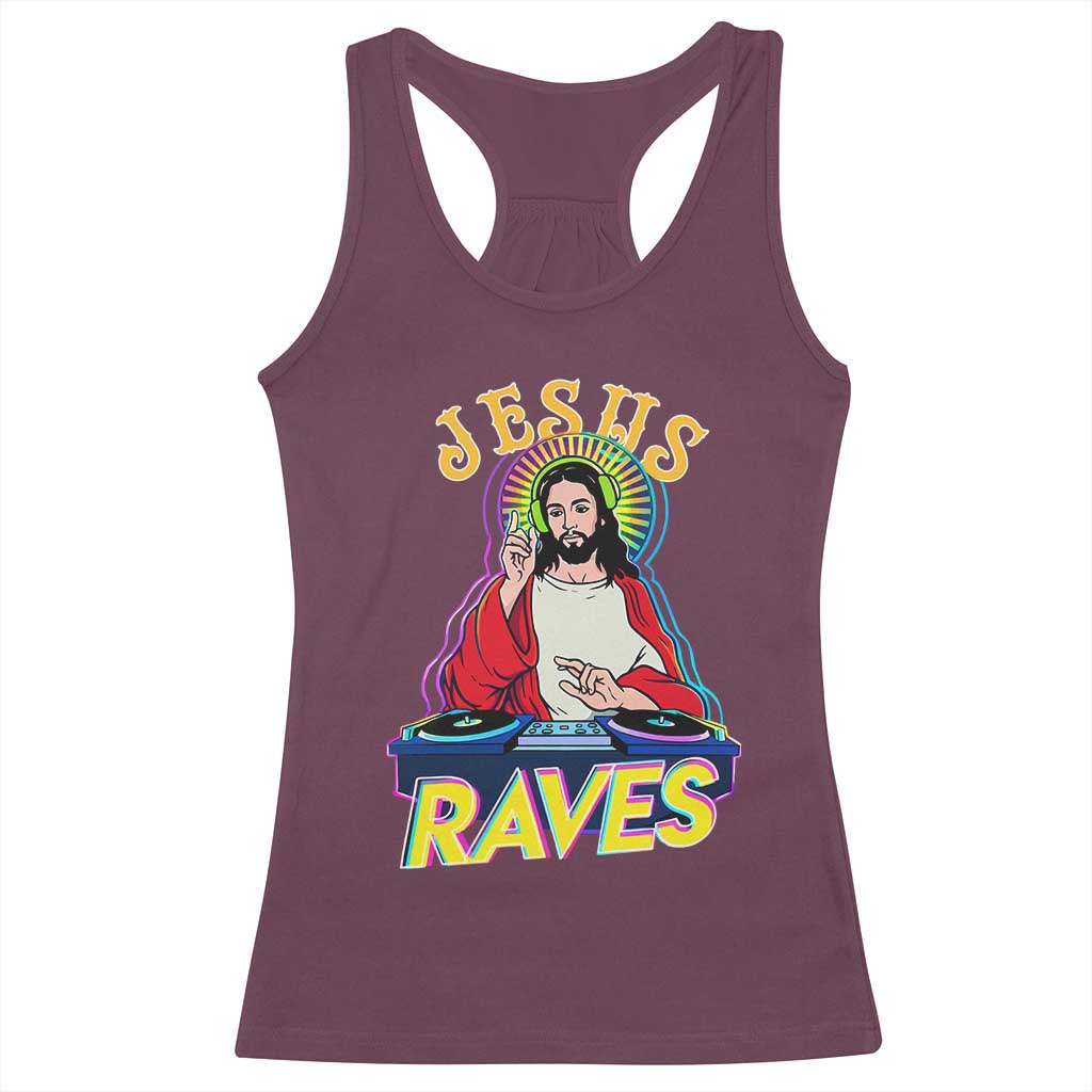 Funny Jesus DJ Raves Techno EDM Party Racerback Tank Top