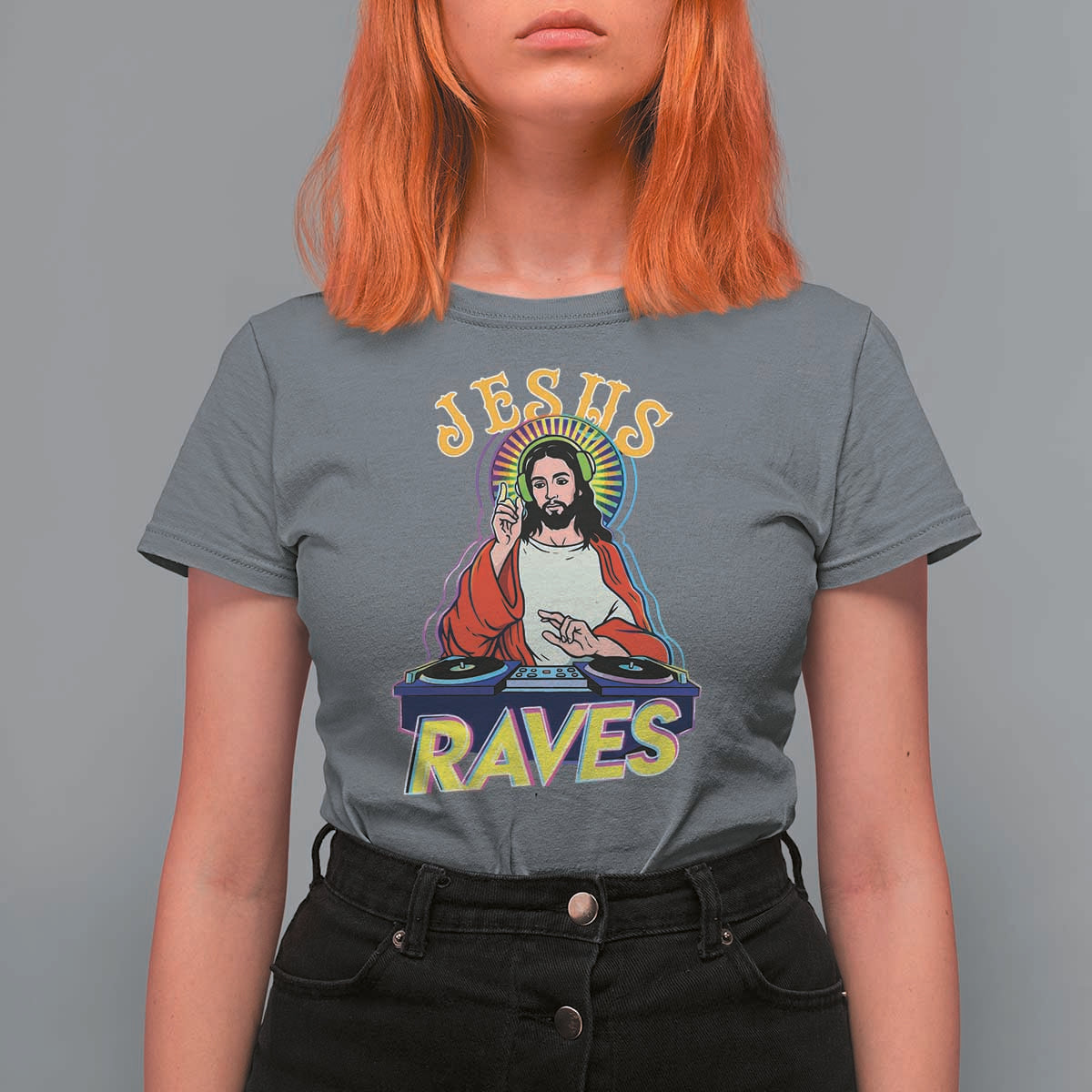 Funny Jesus DJ Raves Techno EDM Party T Shirt For Women