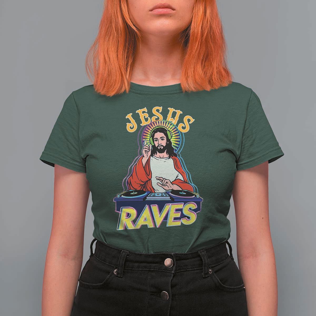 Funny Jesus DJ Raves Techno EDM Party T Shirt For Women