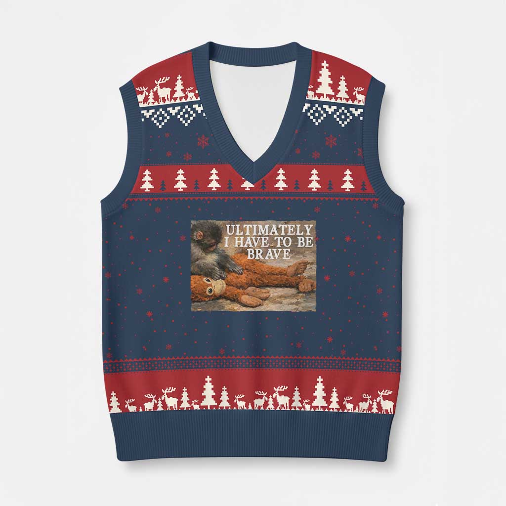 Ultimate I Have To Be Brave Punch The Monkey V-Neck Knit Sweater Vest Cute Baby Monkey Hugging Plush