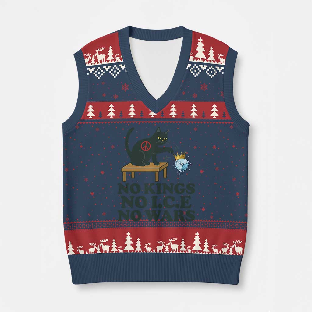 No Kings No Ice No Wars Cat V-Neck Knit Sweater Vest Funny Political Freedom Activist