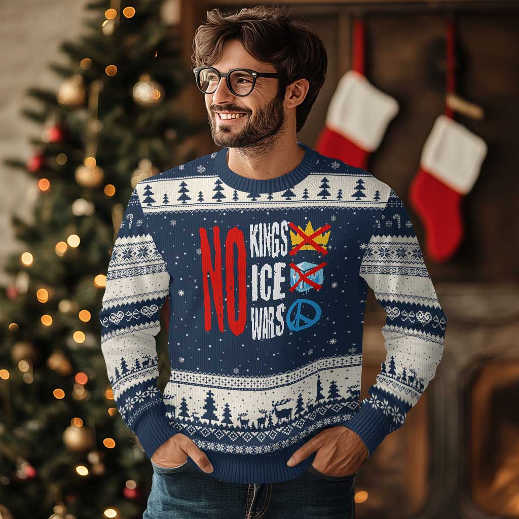 No Kings No Ice No Wars Ugly Christmas Sweater Political Protest Peace Sign