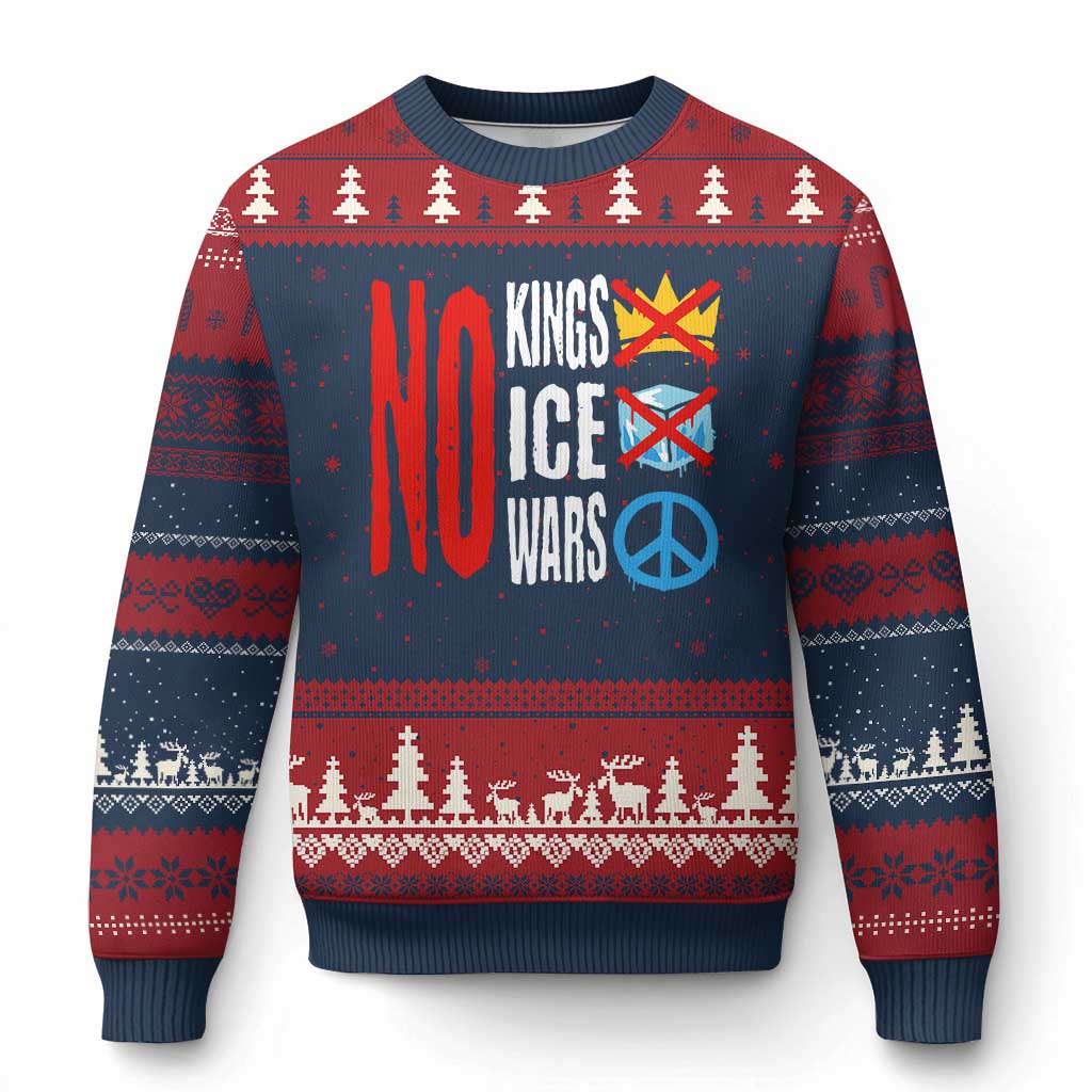 No Kings No Ice No Wars Ugly Christmas Sweater Political Protest Peace Sign