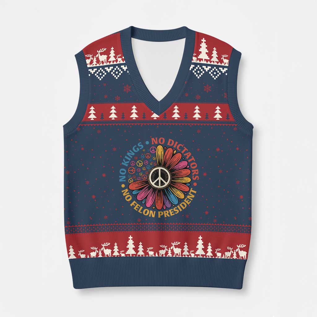No Kings No Dictators No Felon Presidents V-Neck Knit Sweater Vest Retro Flower Peace Sign