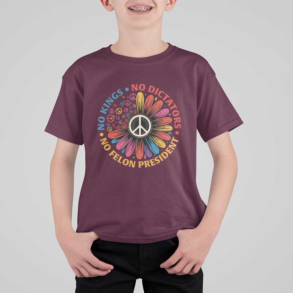 No Kings No Dictators No Felon Presidents T Shirt For Kid Retro Flower Peace Sign