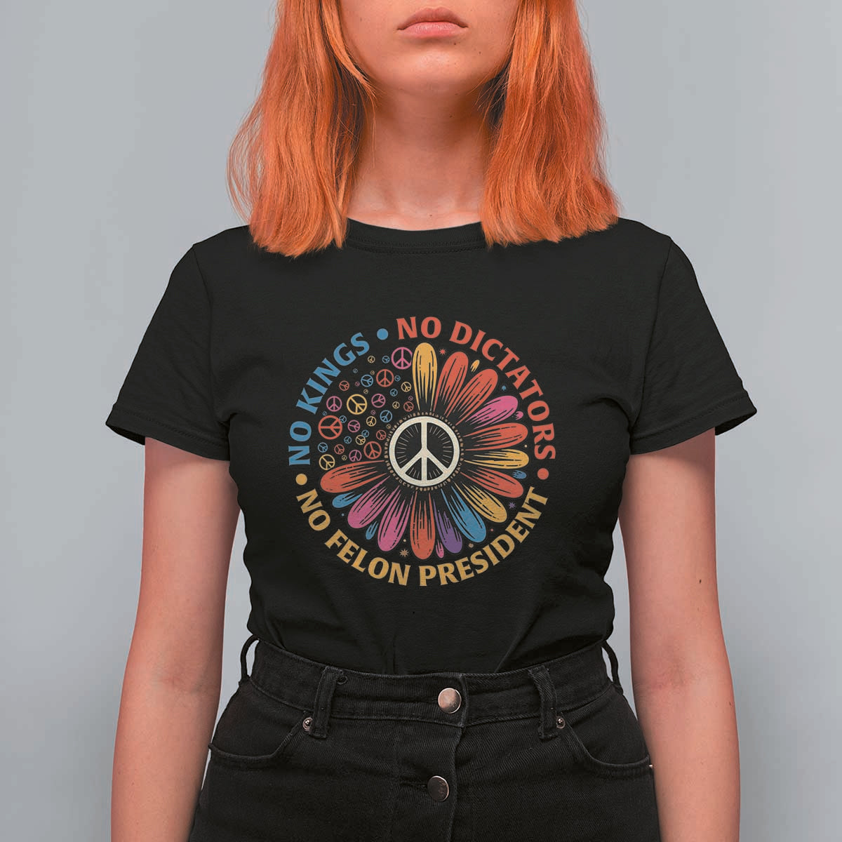 No Kings No Dictators No Felon Presidents T Shirt For Women Retro Flower Peace Sign