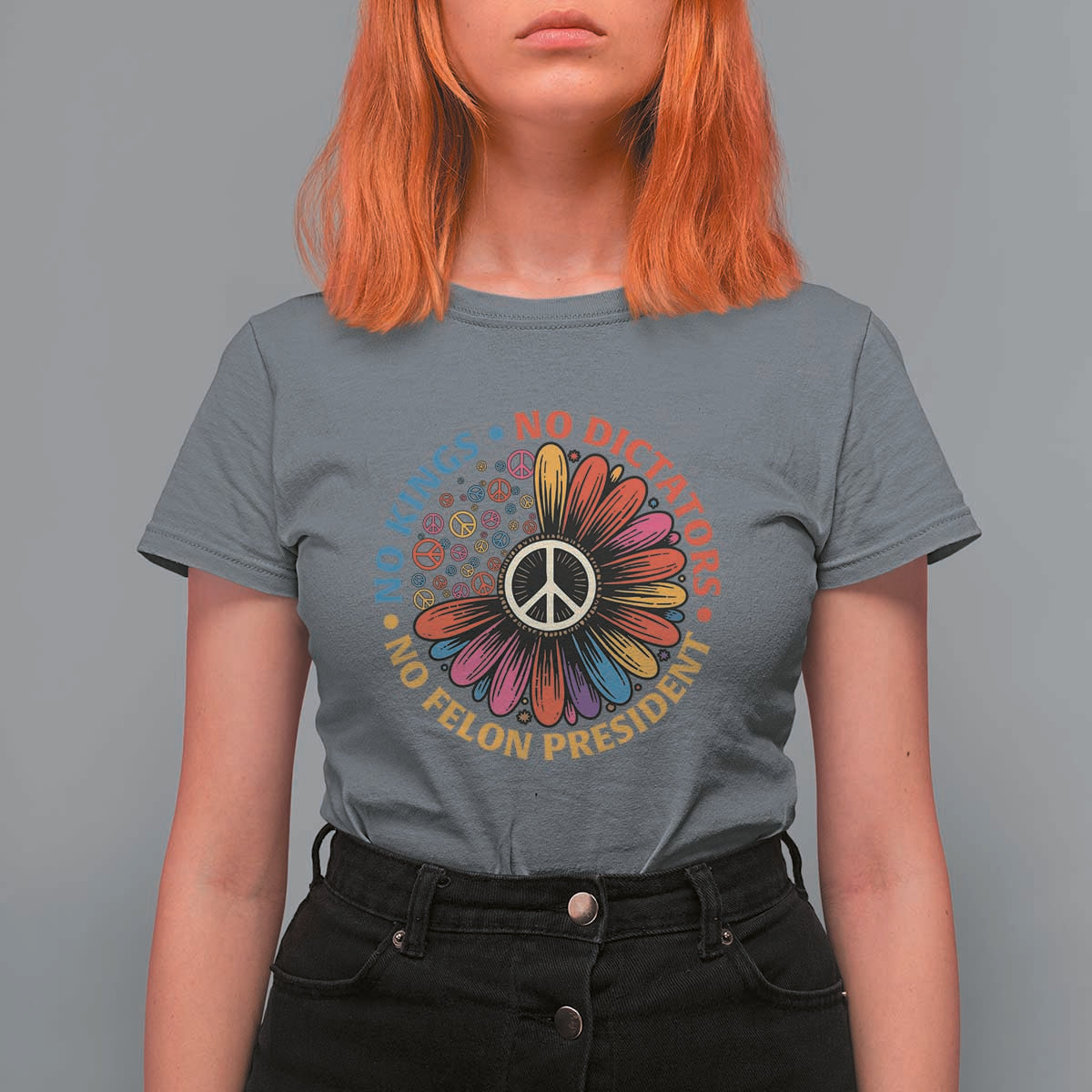 No Kings No Dictators No Felon Presidents T Shirt For Women Retro Flower Peace Sign
