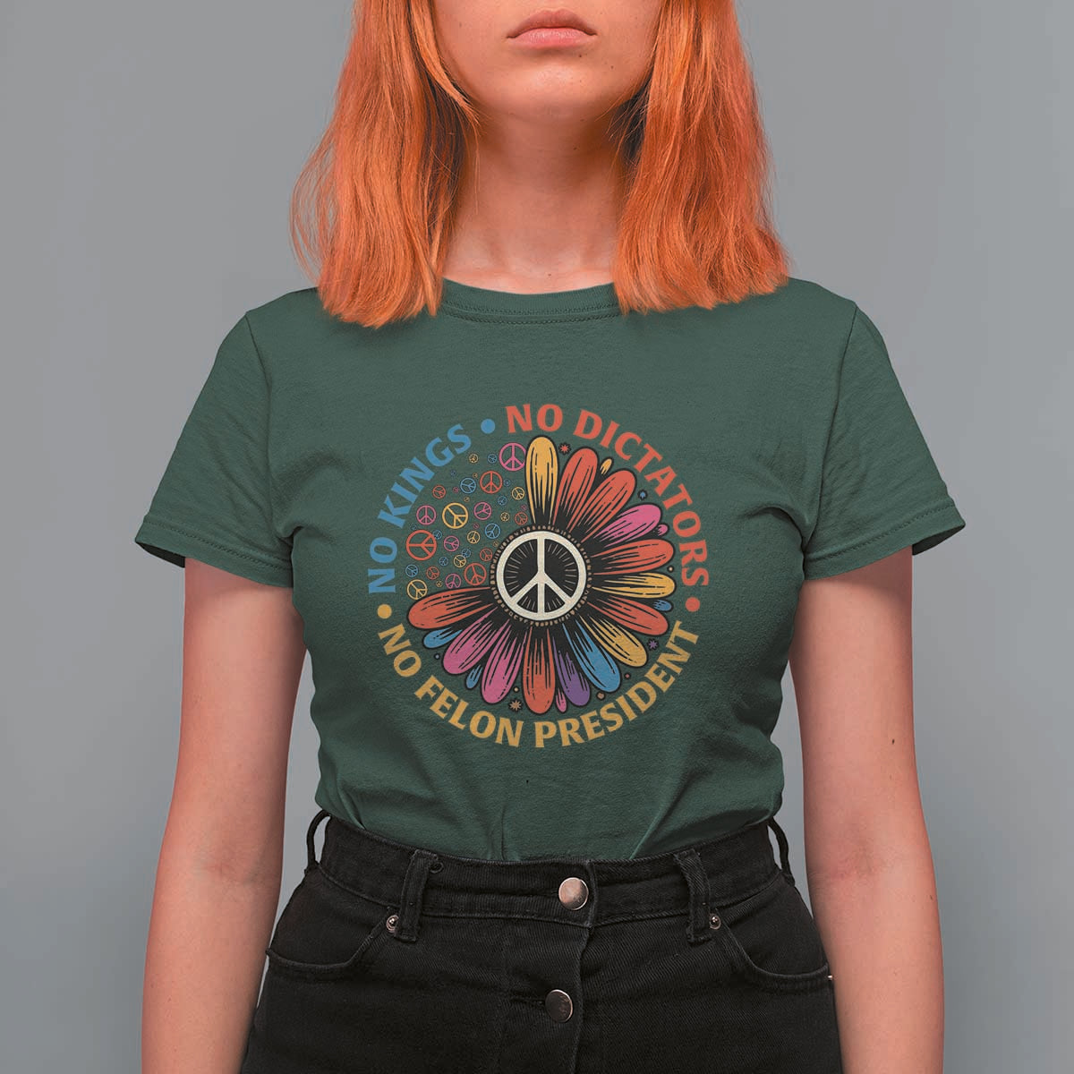 No Kings No Dictators No Felon Presidents T Shirt For Women Retro Flower Peace Sign