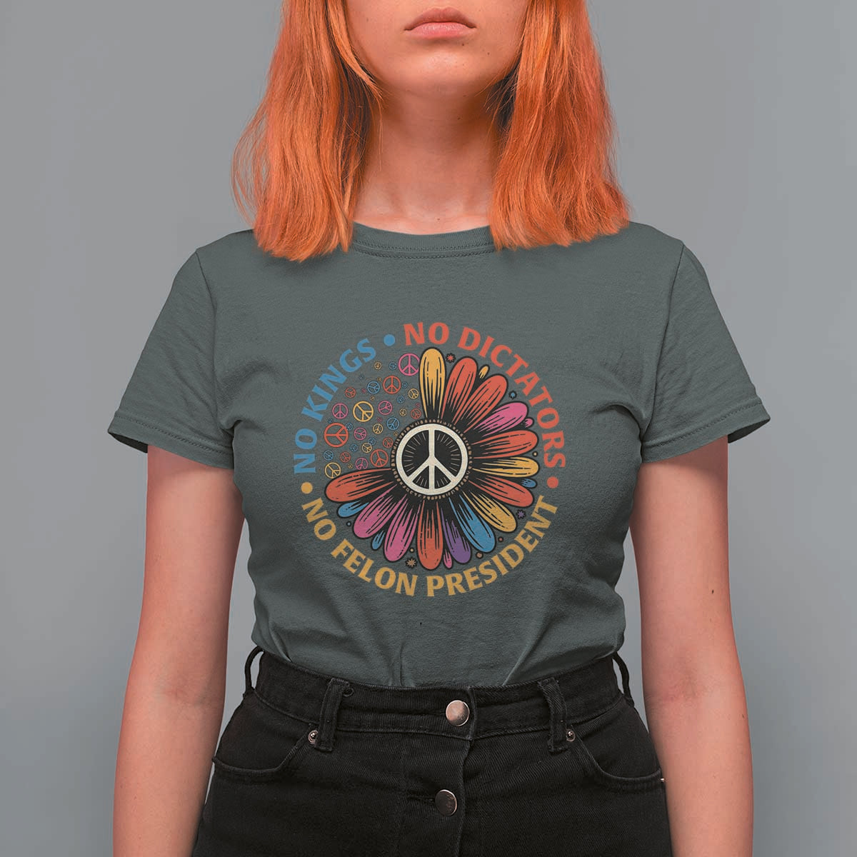 No Kings No Dictators No Felon Presidents T Shirt For Women Retro Flower Peace Sign