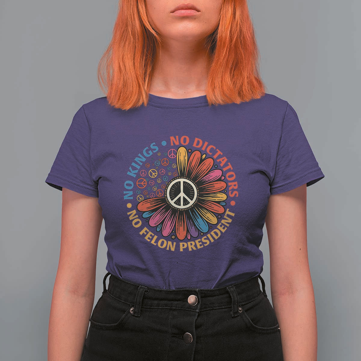 No Kings No Dictators No Felon Presidents T Shirt For Women Retro Flower Peace Sign