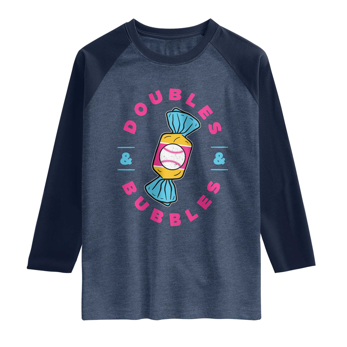 Doubles and Bubbles Baseball Candy Gum Raglan Shirt