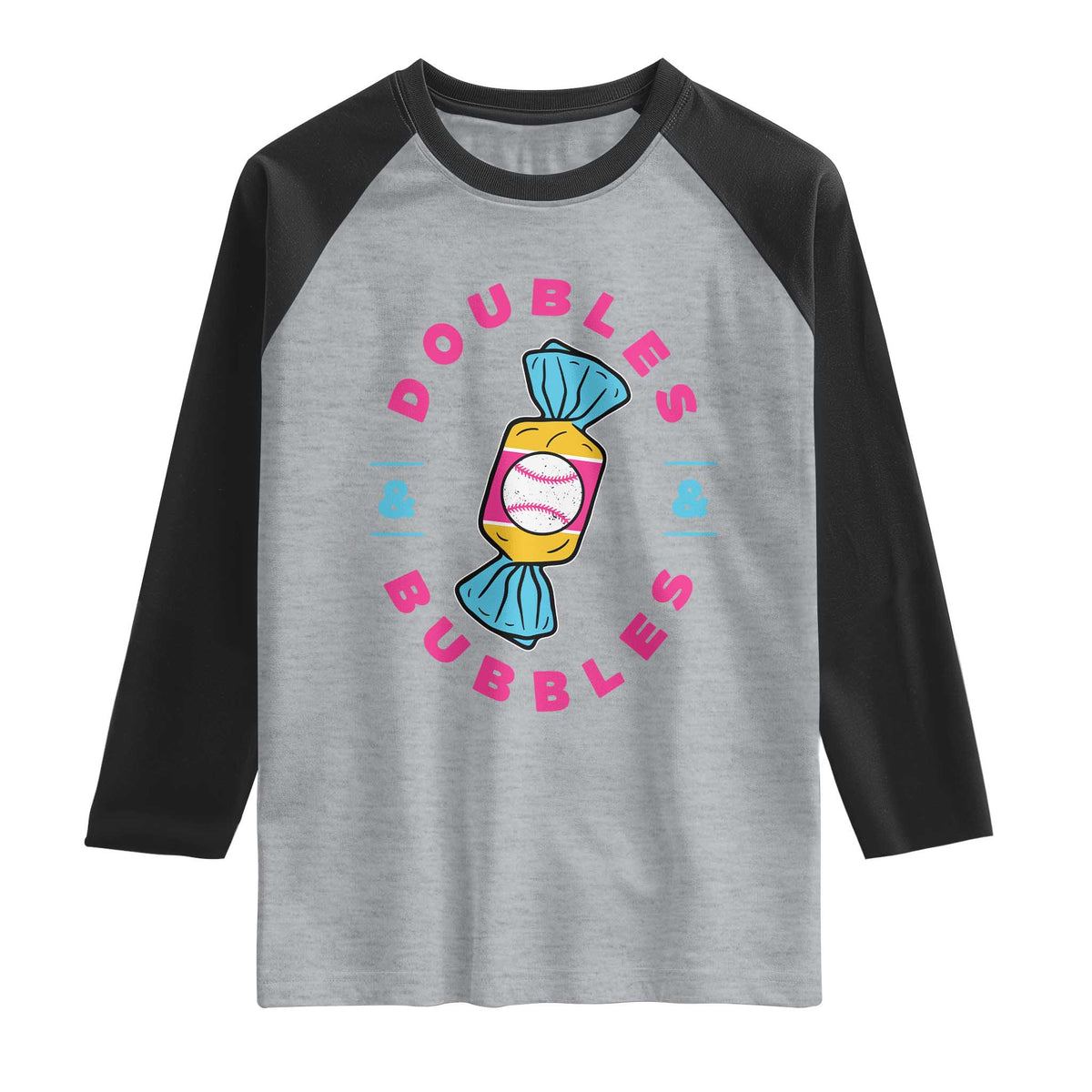 Doubles and Bubbles Baseball Candy Gum Raglan Shirt