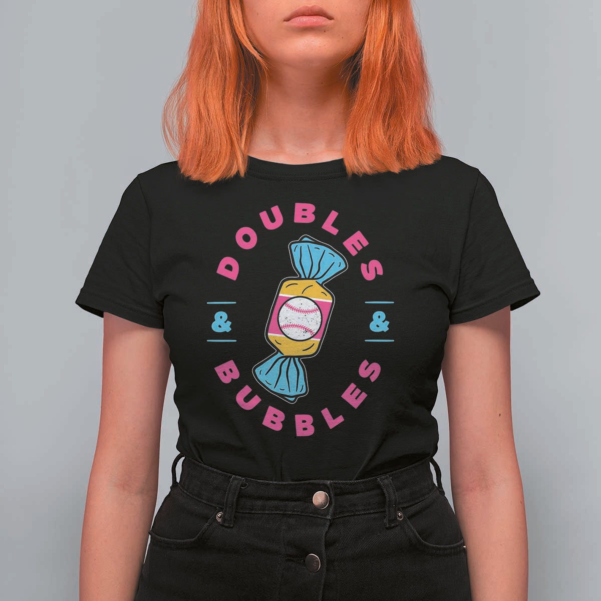 Doubles and Bubbles Baseball Candy Gum T Shirt For Women