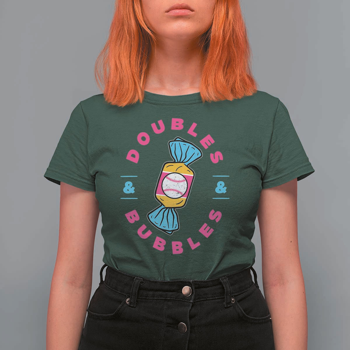 Doubles and Bubbles Baseball Candy Gum T Shirt For Women