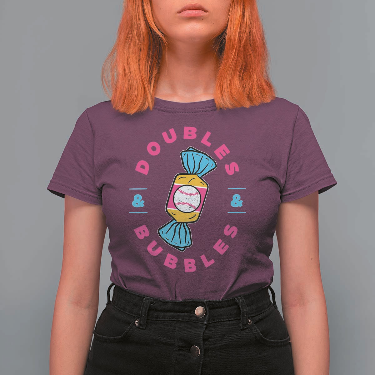Doubles and Bubbles Baseball Candy Gum T Shirt For Women