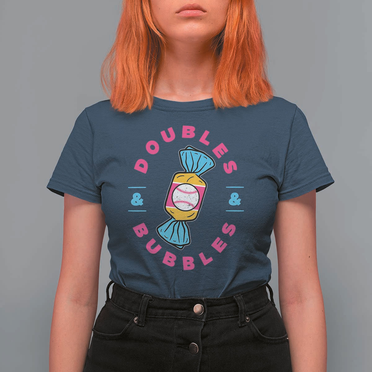 Doubles and Bubbles Baseball Candy Gum T Shirt For Women