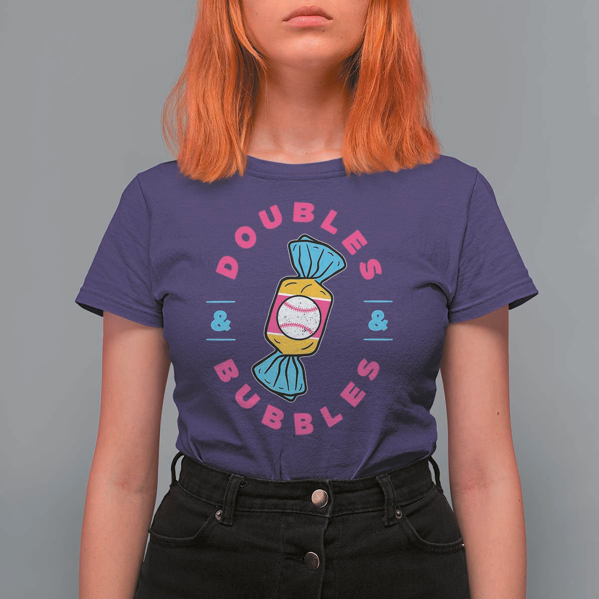 Doubles and Bubbles Baseball Candy Gum T Shirt For Women