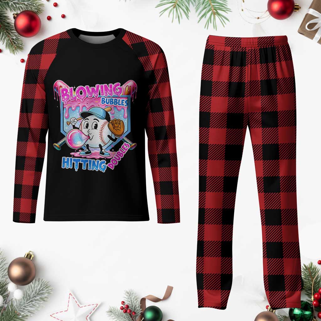Baseball Blowing Bubbles Hitting Doubles Plaid Pajama Set Sports Bubble Gum Lover