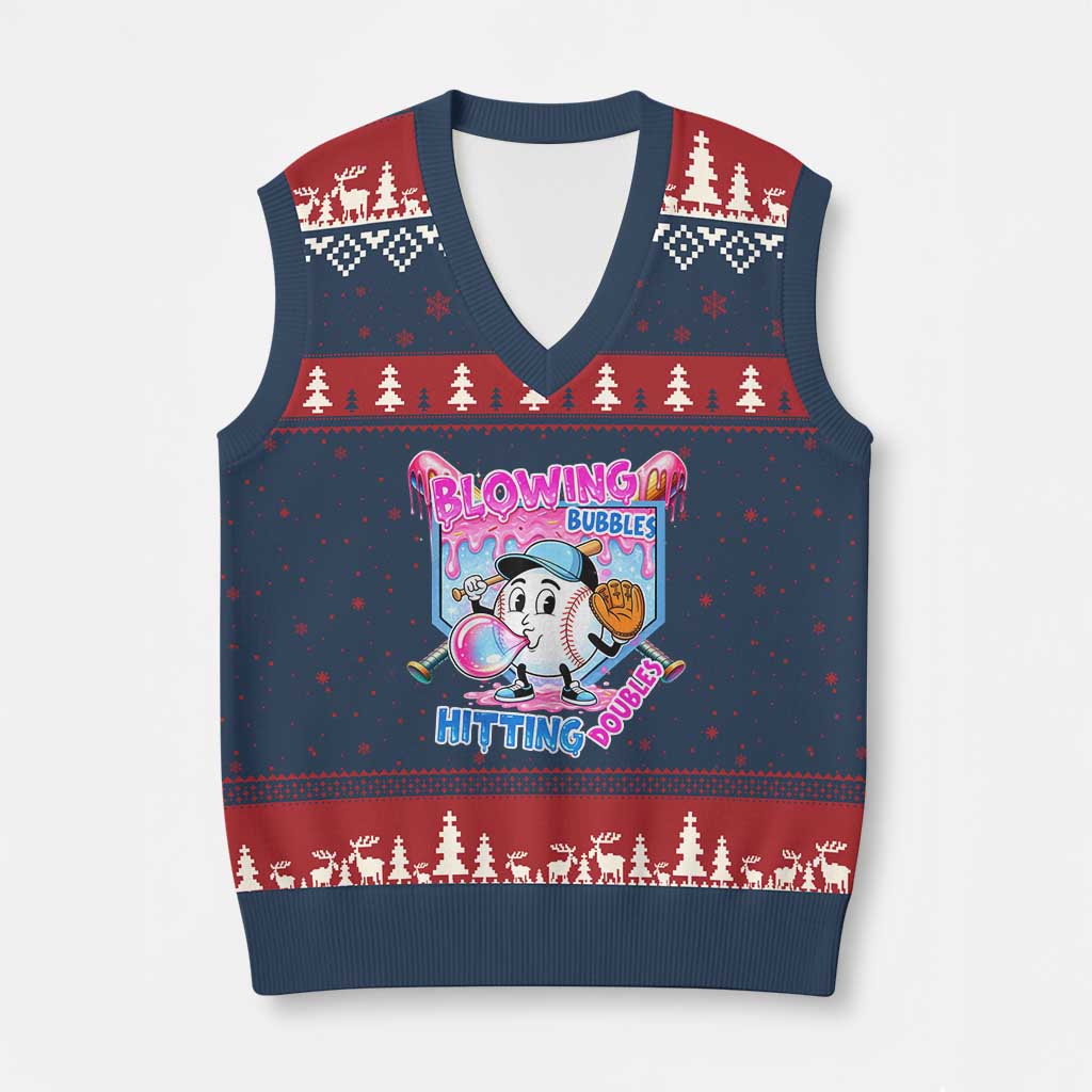 Baseball Blowing Bubbles Hitting Doubles V-Neck Knit Sweater Vest Sports Bubble Gum Lover