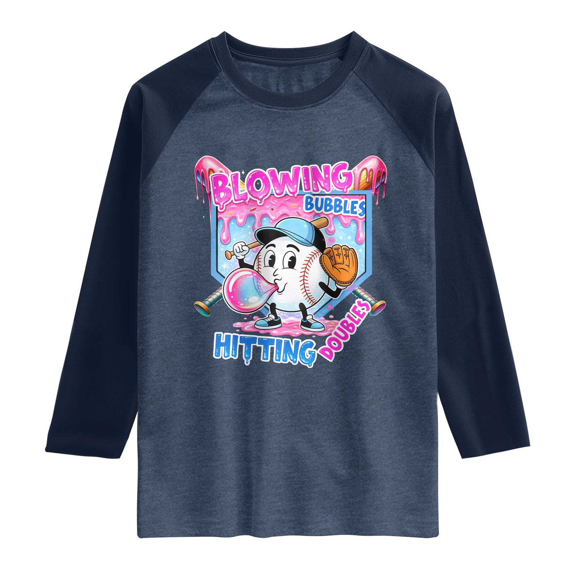 Baseball Blowing Bubbles Hitting Doubles Raglan Shirt Sports Bubble Gum Lover