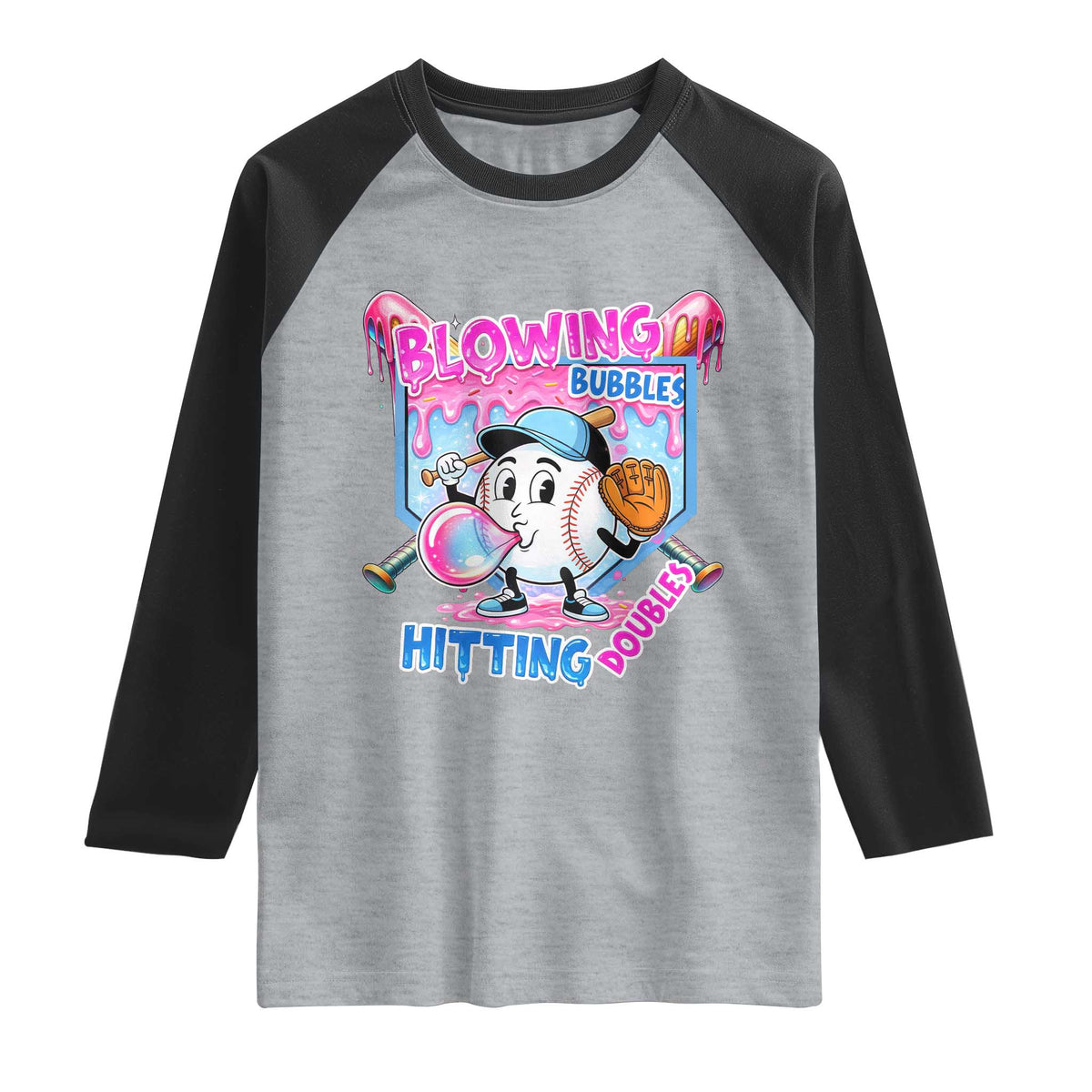 Baseball Blowing Bubbles Hitting Doubles Raglan Shirt Sports Bubble Gum Lover