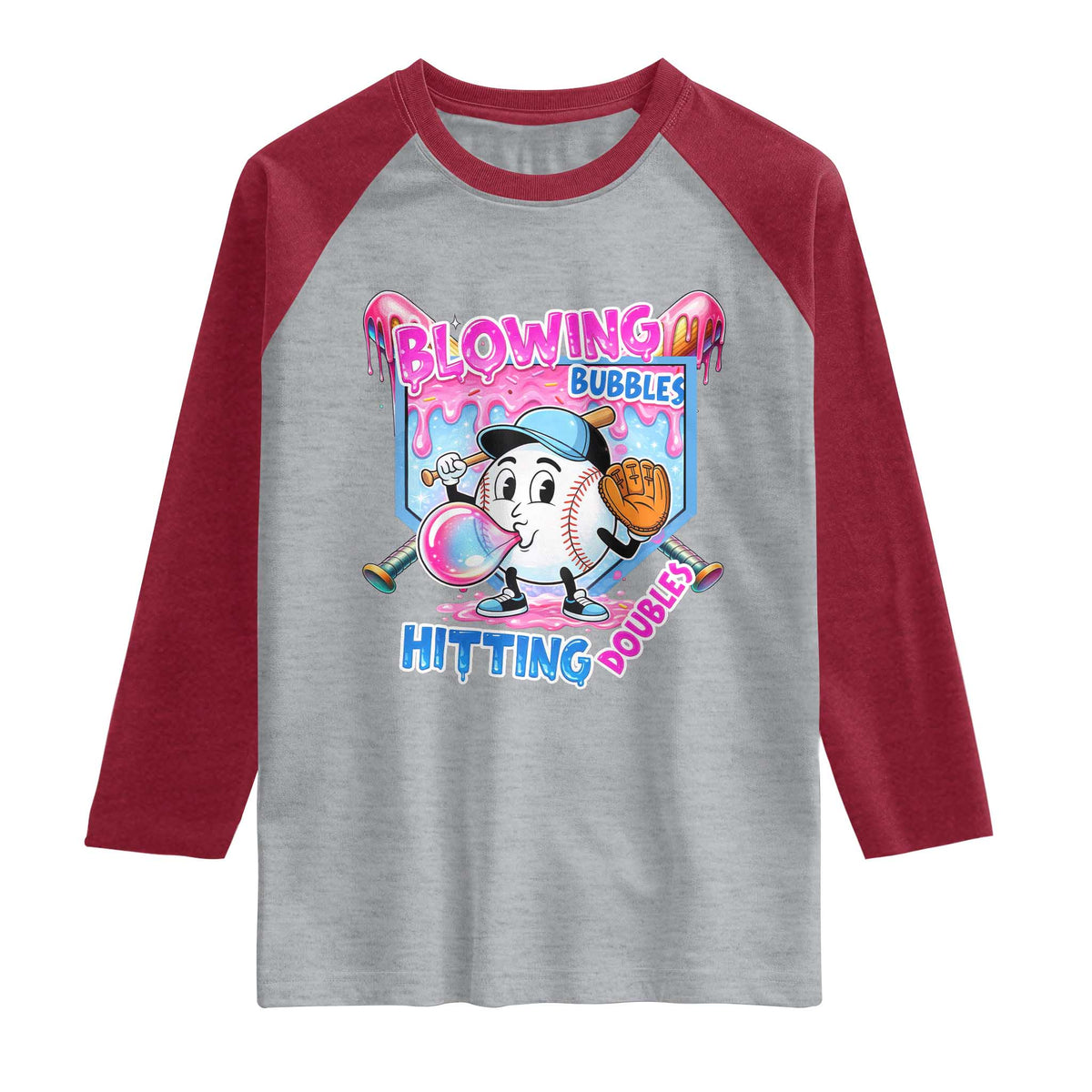 Baseball Blowing Bubbles Hitting Doubles Raglan Shirt Sports Bubble Gum Lover