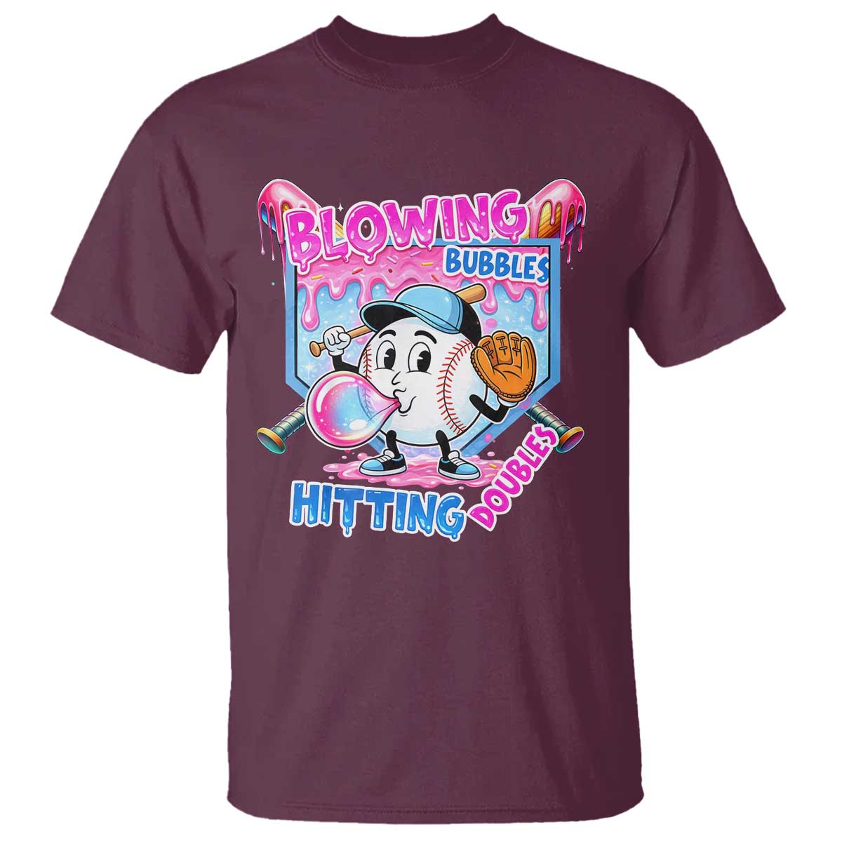 Baseball Blowing Bubbles Hitting Doubles T Shirt Sports Bubble Gum Lover