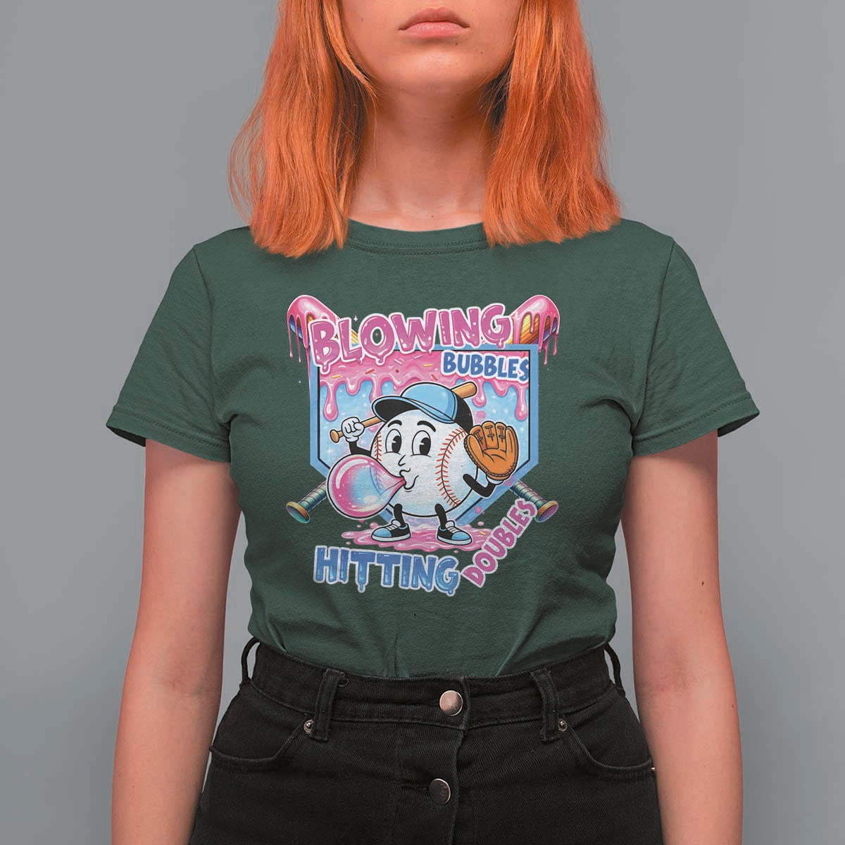 Baseball Blowing Bubbles Hitting Doubles T Shirt For Women Sports Bubble Gum Lover