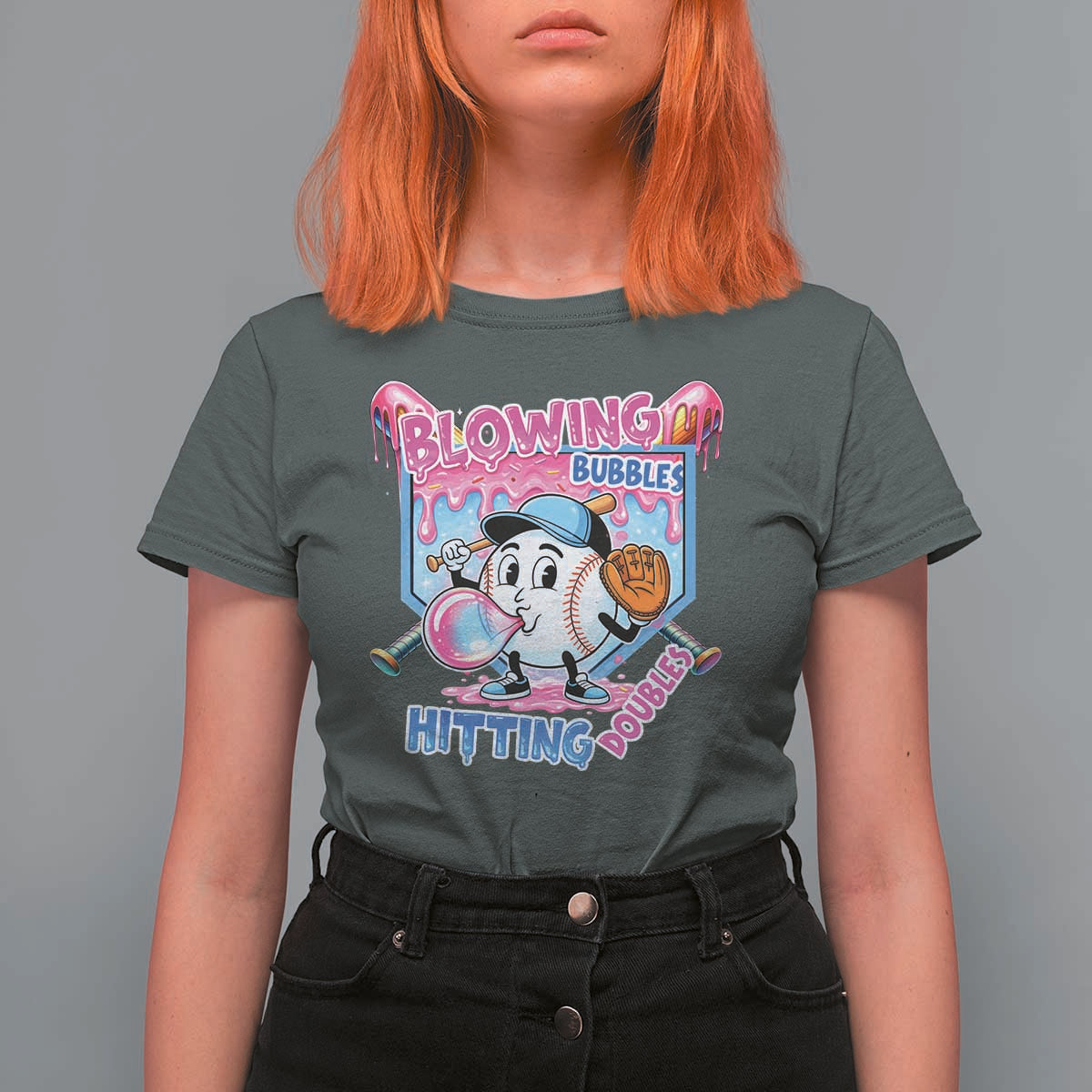 Baseball Blowing Bubbles Hitting Doubles T Shirt For Women Sports Bubble Gum Lover