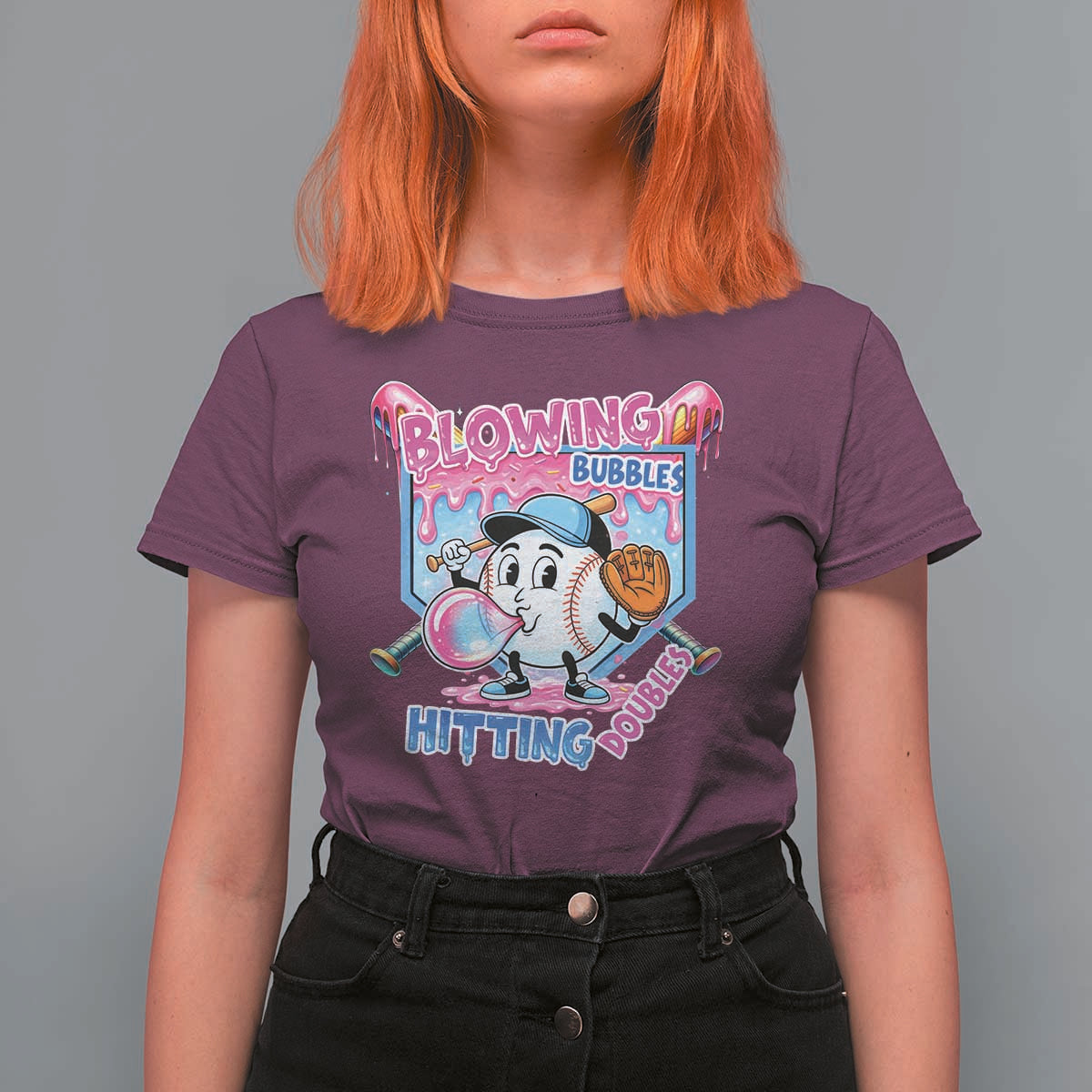 Baseball Blowing Bubbles Hitting Doubles T Shirt For Women Sports Bubble Gum Lover
