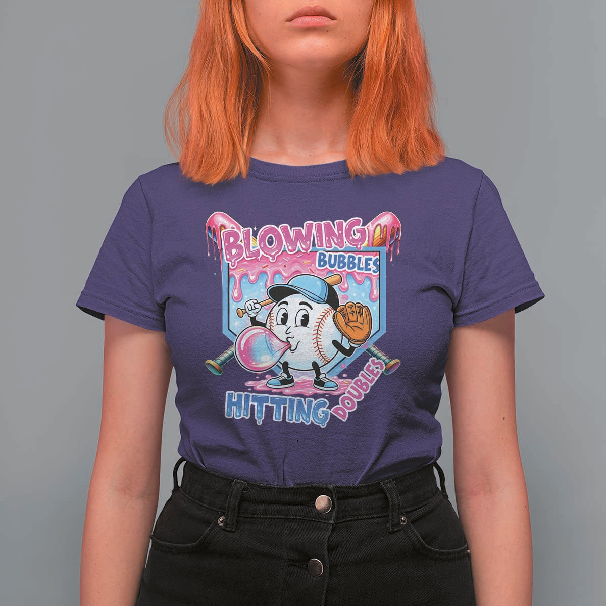 Baseball Blowing Bubbles Hitting Doubles T Shirt For Women Sports Bubble Gum Lover