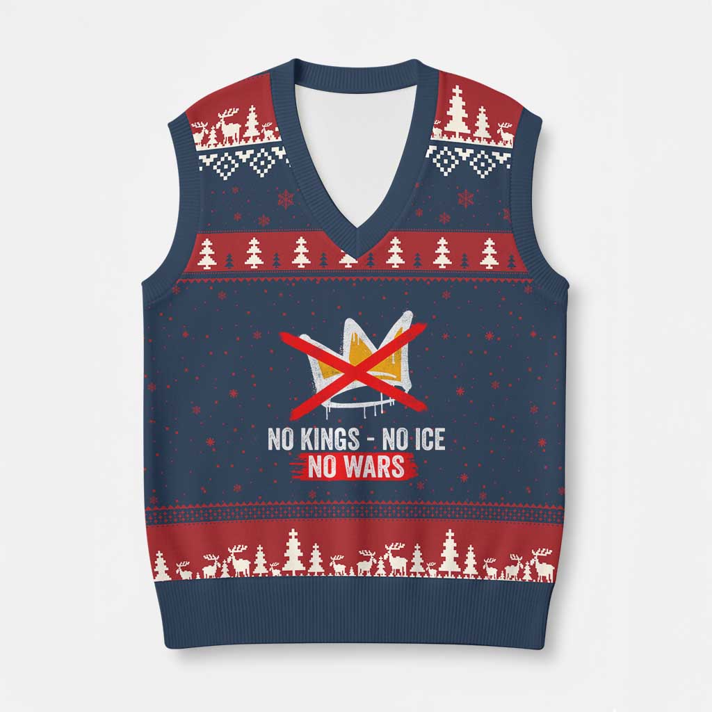 No Kings Protest V-Neck Knit Sweater Vest No Kings No Ice No Wars Anti Monarchy Statement