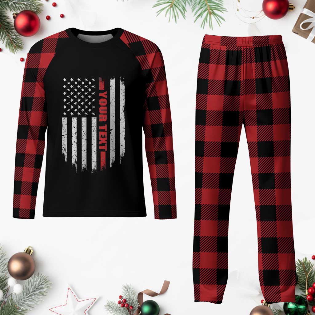 Personalized Firefighter Plaid Pajama Set Custom Text Name Vintage American Flag Patriot Fireman Gift