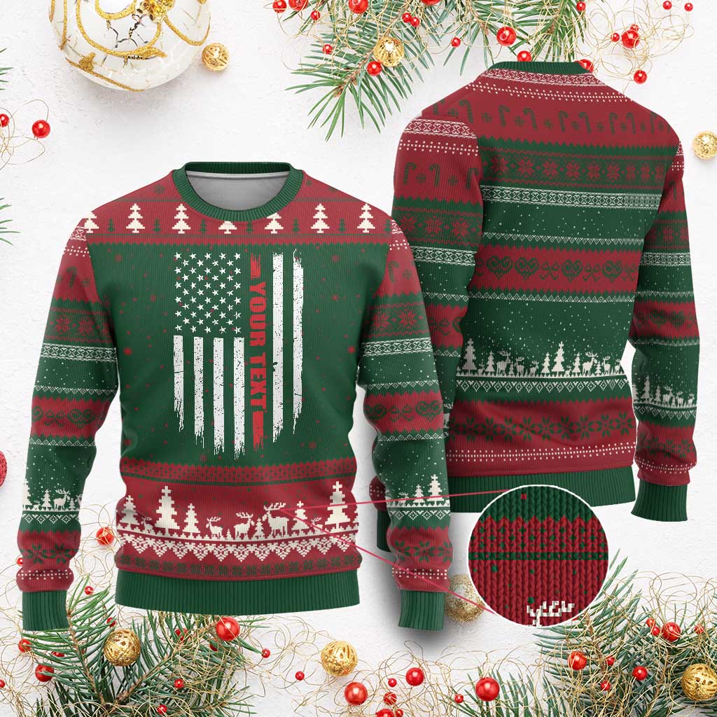 Personalized Firefighter Ugly Christmas Sweater Custom Text Name Vintage American Flag Patriot Fireman Gift
