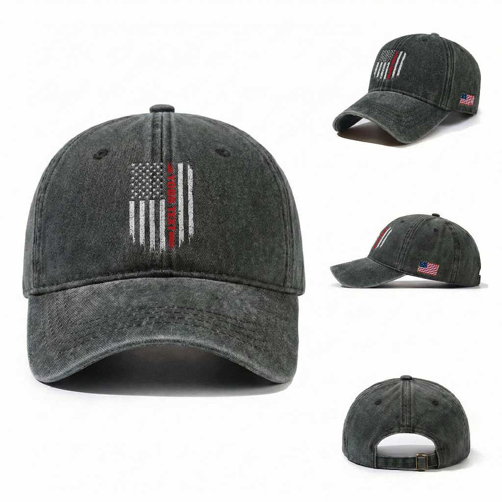 Personalized Firefighter Washed Cotton Baseball Cap Custom Text Name Vintage American Flag Patriot Fireman Gift