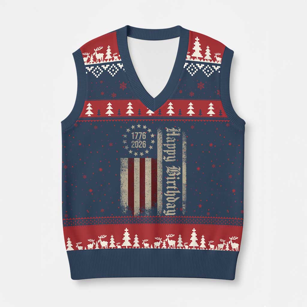250th Birthday US July 4th 1776 2026 American Flag V-Neck Knit Sweater Vest