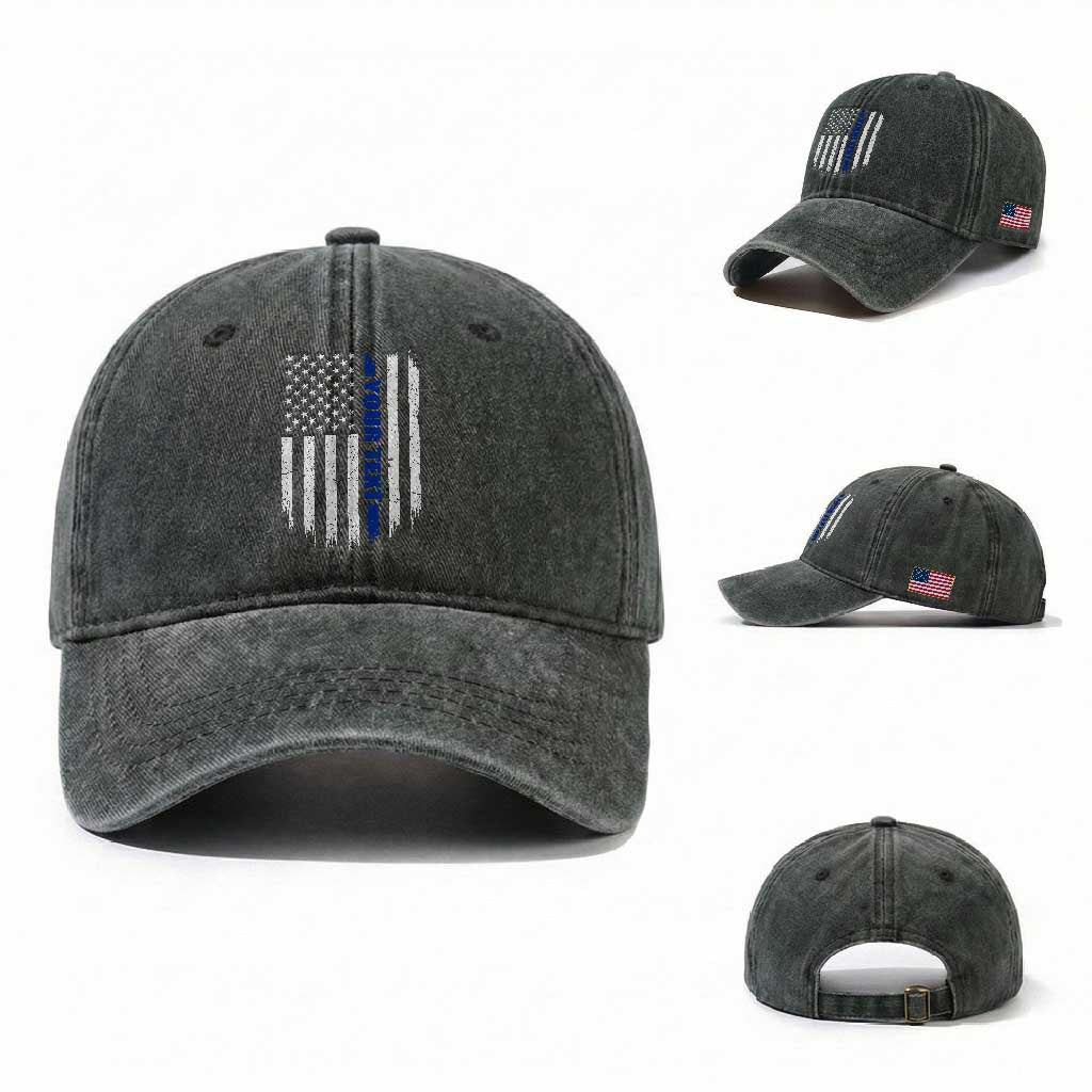 Personalized Police Washed Cotton Baseball Cap Custom Text Name Vintage American Flag Law Enforcement Gift
