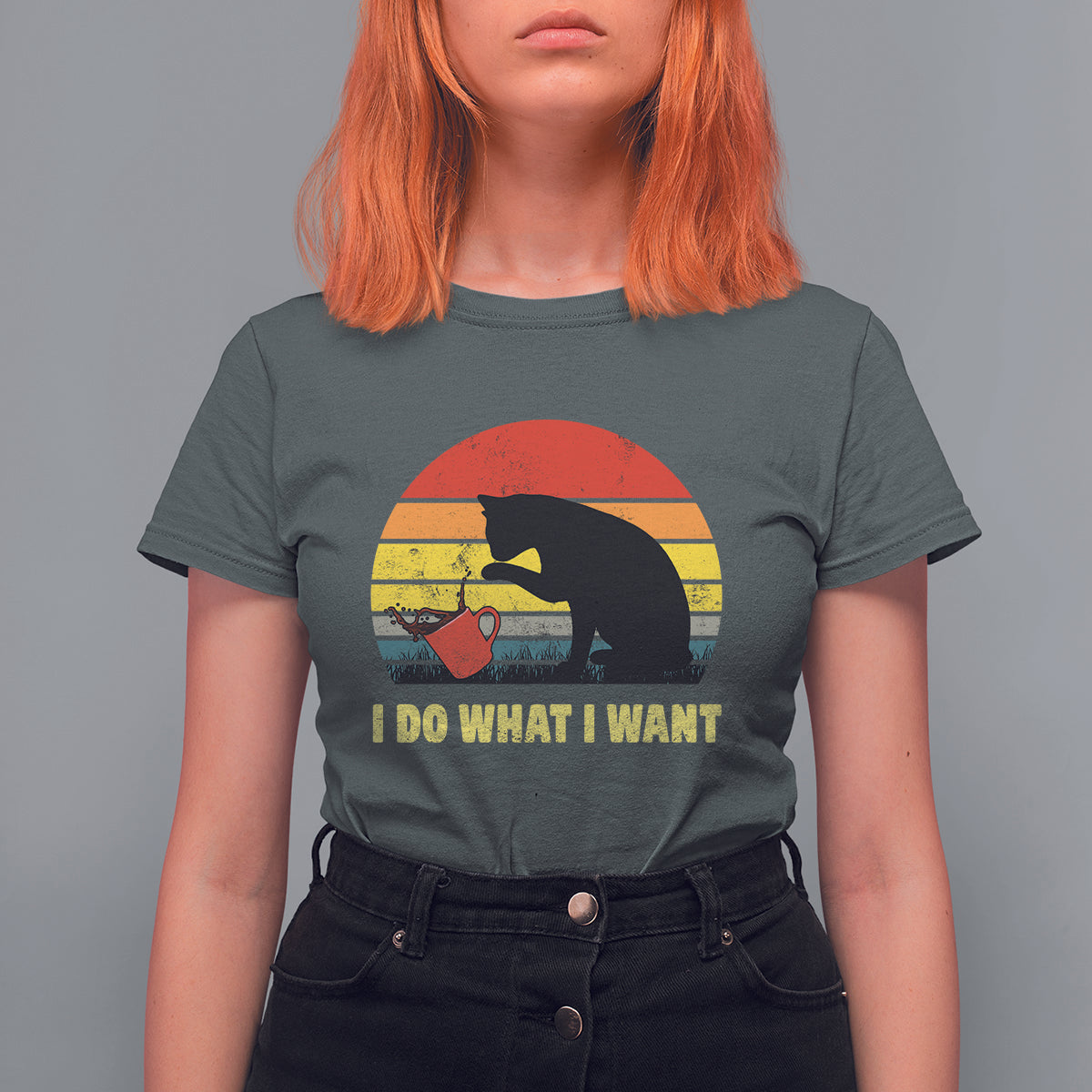 Funny Black Cat T Shirt For Women I Do What I Want Vintage Coffe Cup - Wonder Print Shop