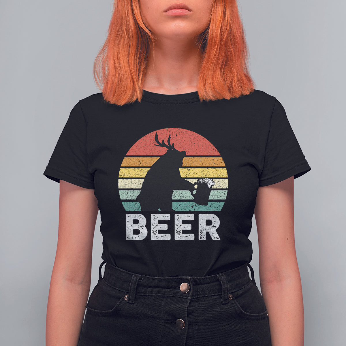 Funny Bear Deer T Shirt For Women Vintage Retro Beer Mug - Wonder Print Shop