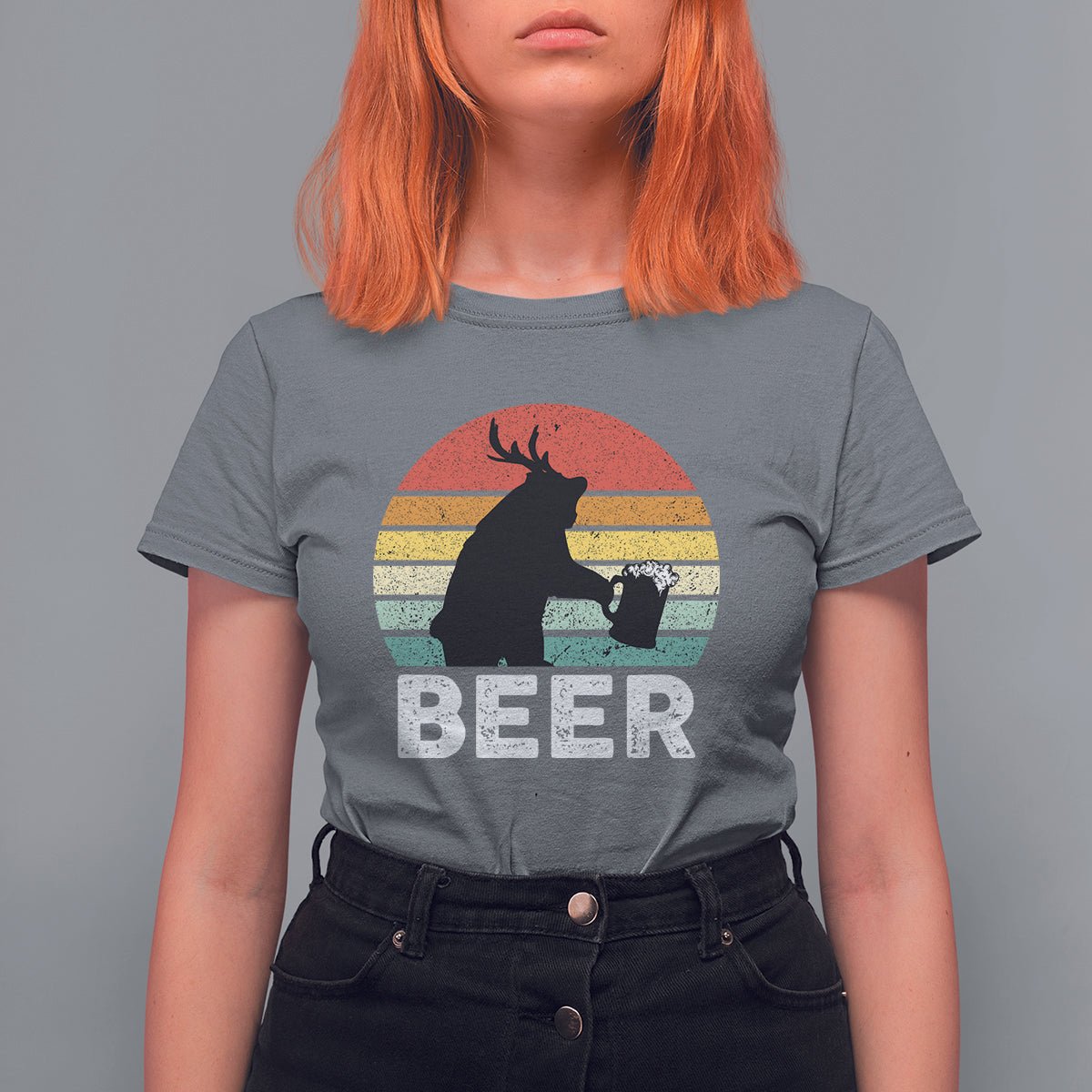 Funny Bear Deer T Shirt For Women Vintage Retro Beer Mug - Wonder Print Shop