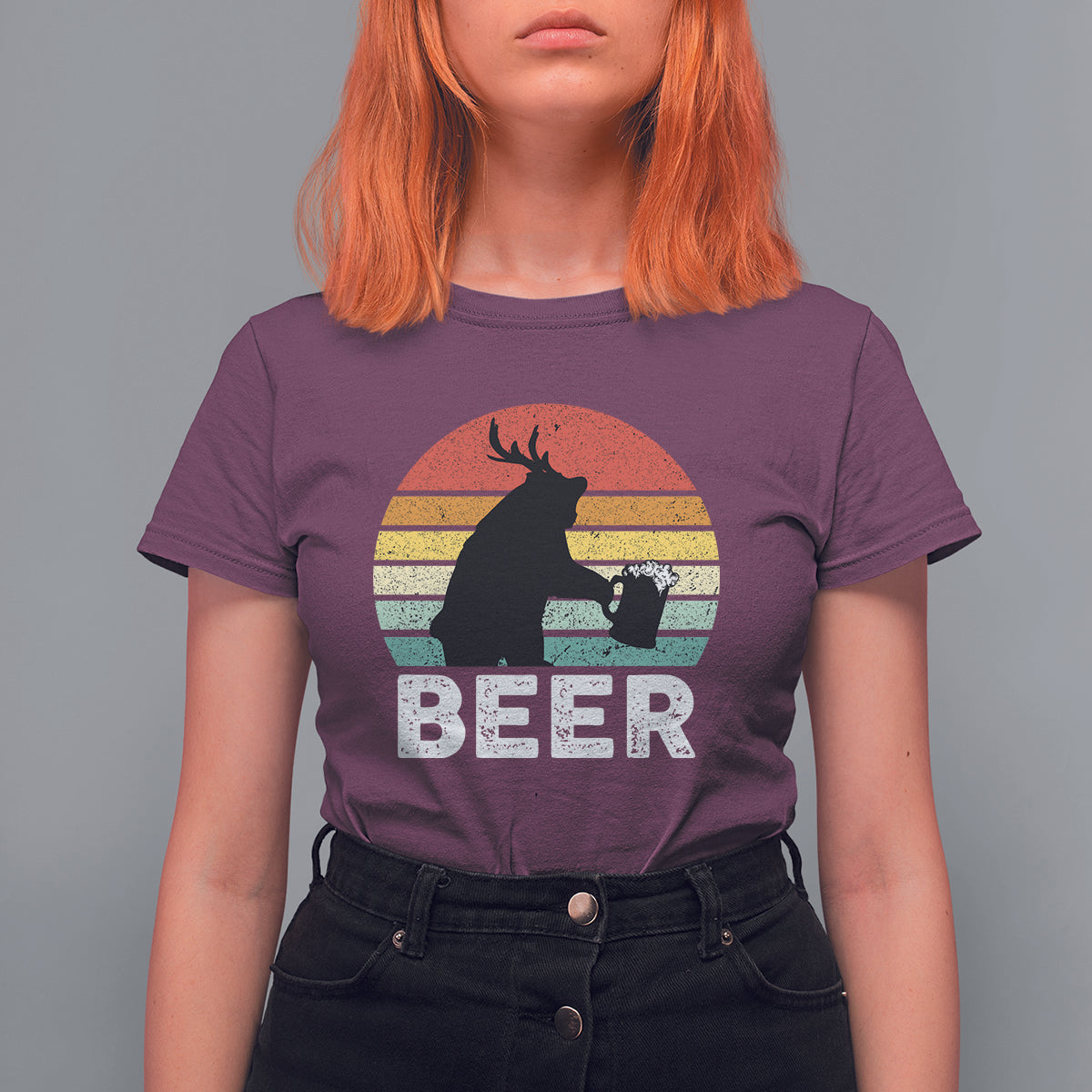 Funny Bear Deer T Shirt For Women Vintage Retro Beer Mug - Wonder Print Shop