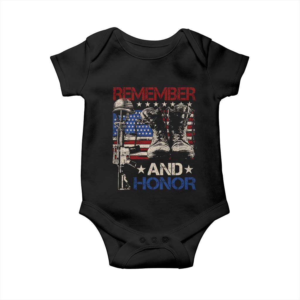 Remember And Honor Baby Onesie Memorial Day Veteran Boots American Flag