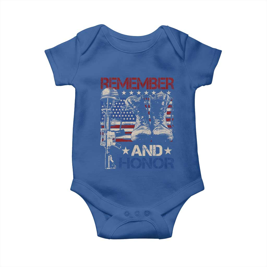 Remember And Honor Baby Onesie Memorial Day Veteran Boots American Flag