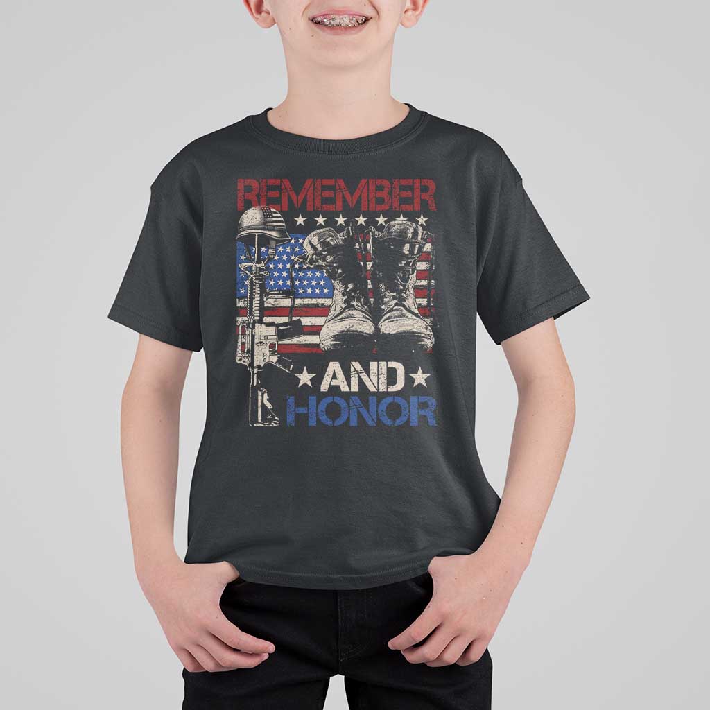 Remember And Honor T Shirt For Kid Memorial Day Veteran Boots American Flag