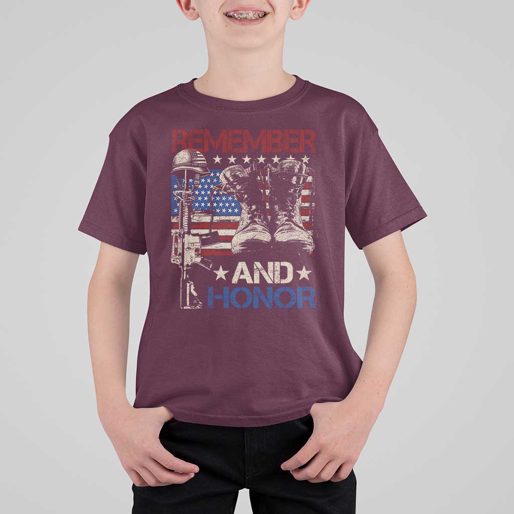 Remember And Honor T Shirt For Kid Memorial Day Veteran Boots American Flag