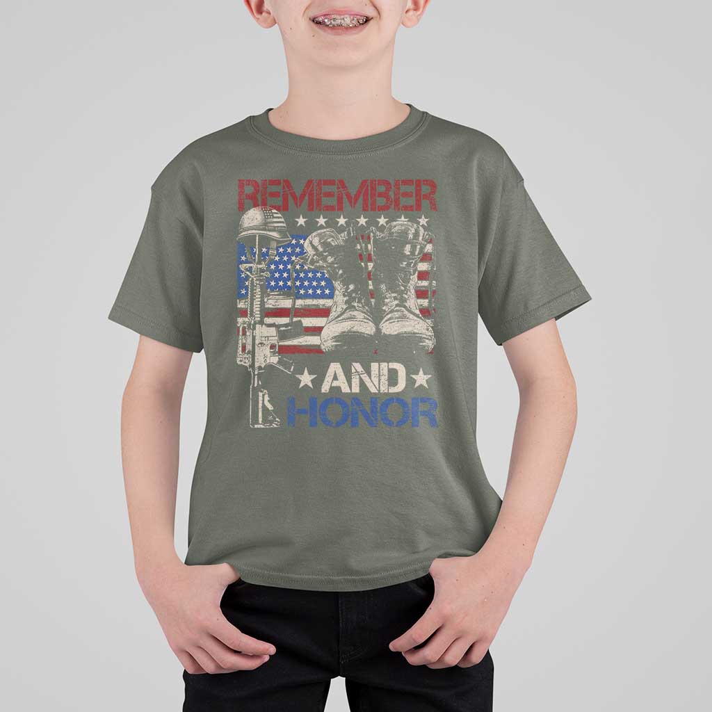 Remember And Honor T Shirt For Kid Memorial Day Veteran Boots American Flag
