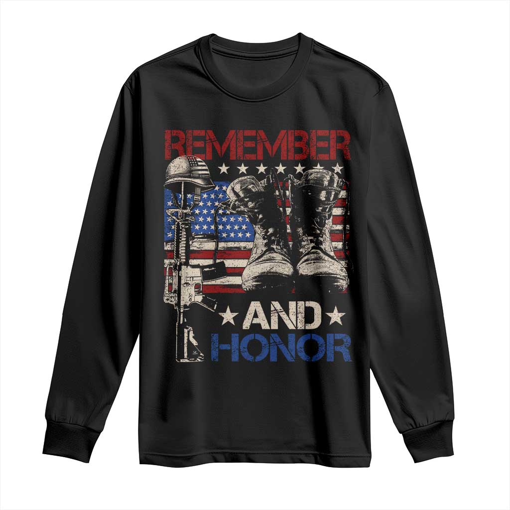 Remember And Honor Long Sleeve Shirt Memorial Day Veteran Boots American Flag