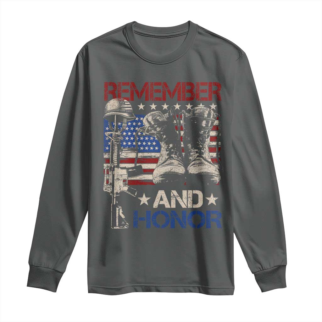 Remember And Honor Long Sleeve Shirt Memorial Day Veteran Boots American Flag