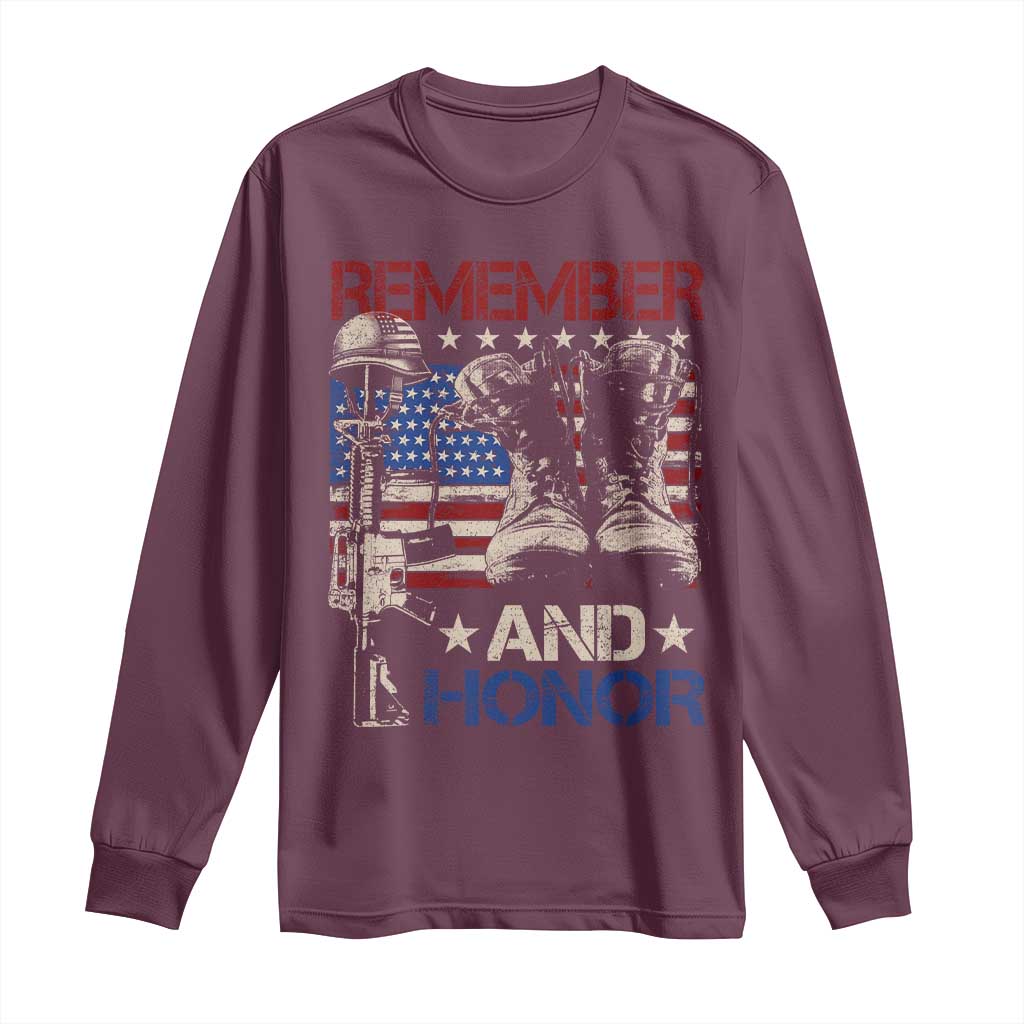 Remember And Honor Long Sleeve Shirt Memorial Day Veteran Boots American Flag