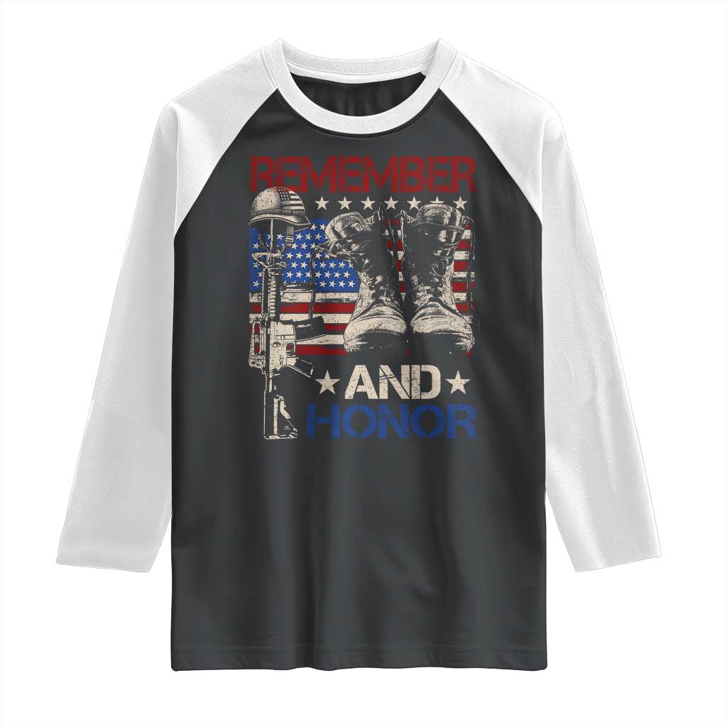 Remember And Honor Raglan Shirt Memorial Day Veteran Boots American Flag